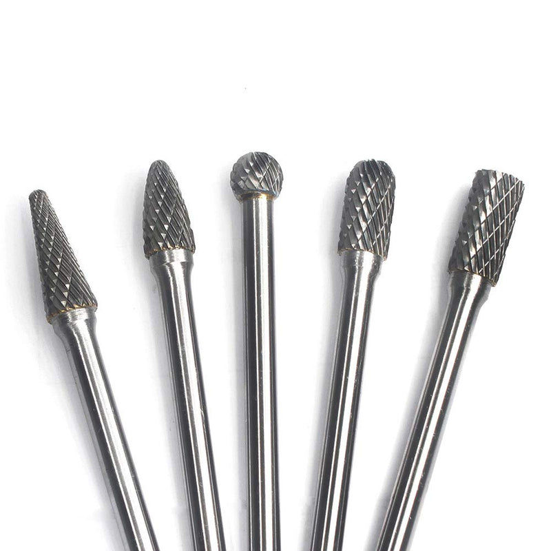 Carbide Burrs Set - 5pcs diameter Extended Long Double Cut Solid Carbide Rotary Burr File Set 1/4 Inch Shank for Die Grinder Drill, Metal Carving,Polishing,Engraving,Drilling
