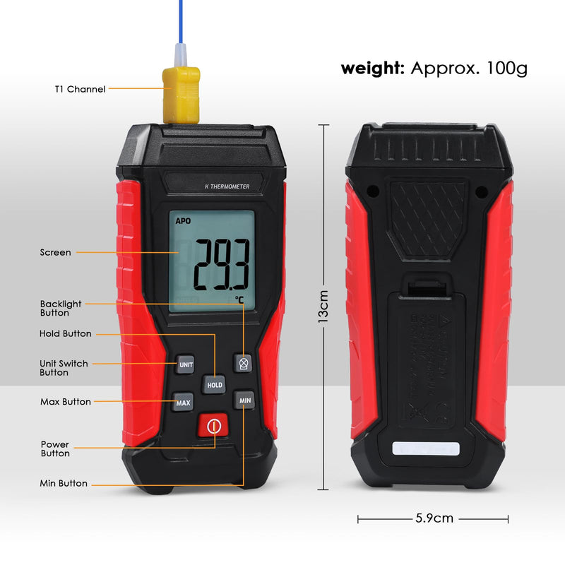 [Australia - AusPower] - Thermocouple Thermometer Digital K Type Thermometer, Thermocouple Tester(-328~2501℉) with 2 K-Type Thermocouples LCD Display Temperature Tester for K Type (Single Channel) 