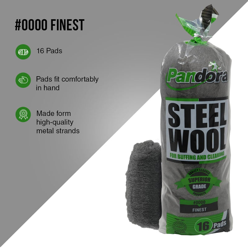 [Australia - AusPower] - Pandora Steel Wool #0000 - Finest Grade, 16 Pads for Buffing and Cleaning - Quality Metal Strands - Ideal for Windows and Furniture #0000 Finest 