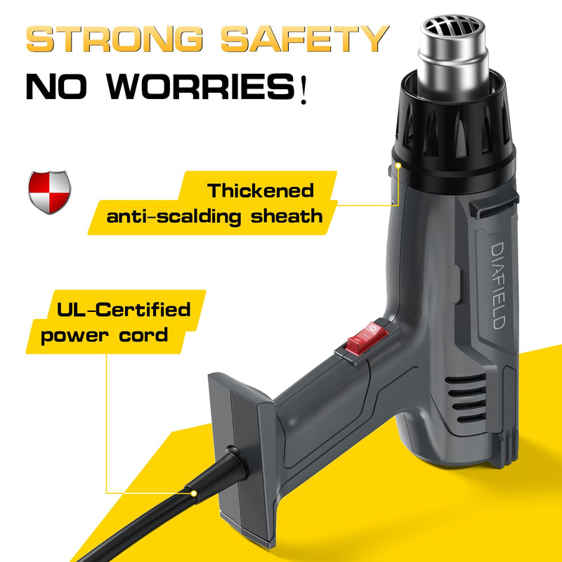 DIAFIELD 1850W Heat Gun, Dual Temperature Settings, Fast Heat Hot Air Gun, Durable& Overload Protection, with 4 Nozzles for Shrink Wrap, Vinyl, Crafts, Epoxy Resin Normal Size