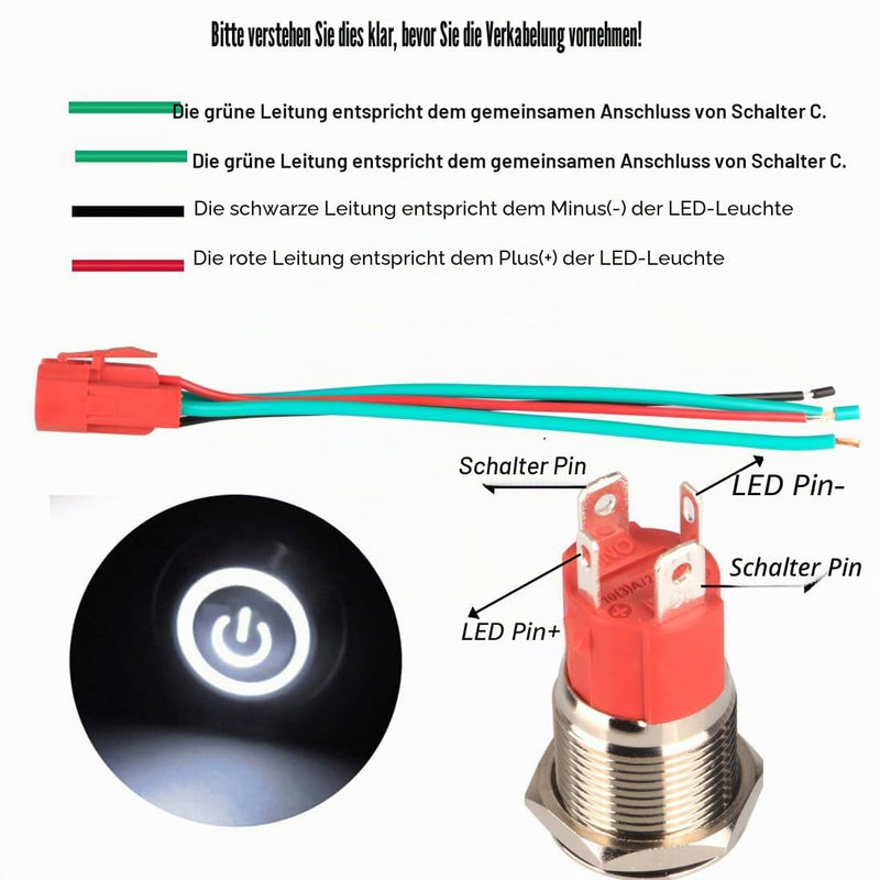 GUUZI 220V-230V/15A Self-Locking Push Button Switch NO Waterproof White LED Light Illuminated 16 mm Metal Power Start Push Button with Socket Plug Cable White 220V/230V snap-in switch