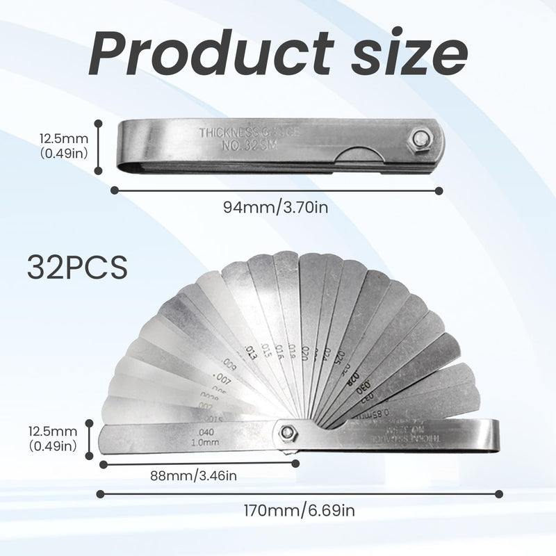 [Australia - AusPower] - 32 Blades Feeler Gauge, Stainless Steel, Double Marked Metric and Imperial Measuring Tool, Measuring Gauge, Valve Gauge, Steel Feeler Gauge, Bendable Feeler Gauge for Measuring Gap Width Thickness 