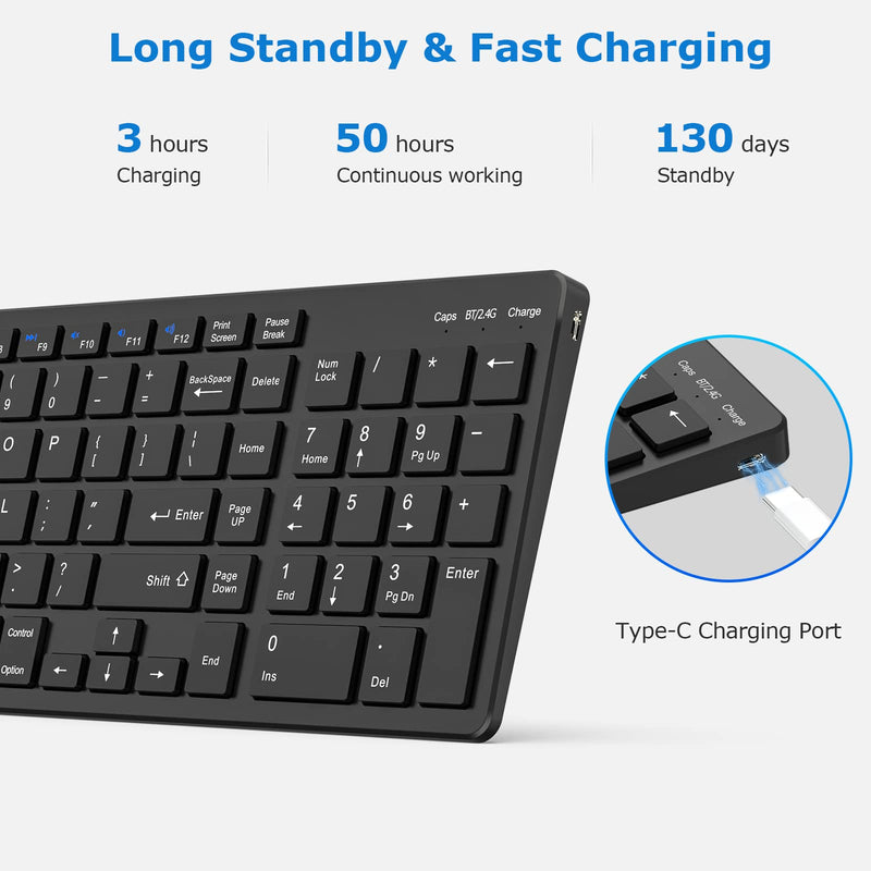 [Australia - AusPower] - Wireless Keyboard, Bluetooth Keyboard with Number Pad, 2.4G+Bluetooth Full-Size Quiet Computer Keyboard for iPad 10.2(9th/8th/7th)/iPad Air 5th/4th/iPad Pro 11/12.9, iPad 10.5/9.7/iPad Mini (Black) Black 