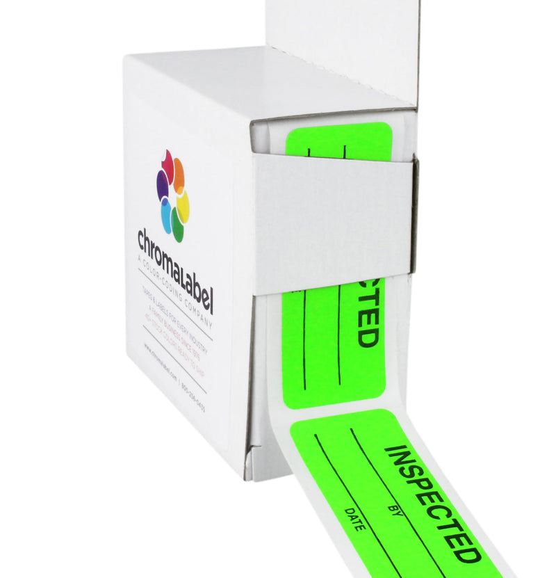 ChromaLabel 1 x 2.25 Inch Inspection Stickers for Inventory Management, Imprinted Inspected By Stickers - 200 per Dispenser Box, Fluorescent Green Sticker 1" x 2-1/4"