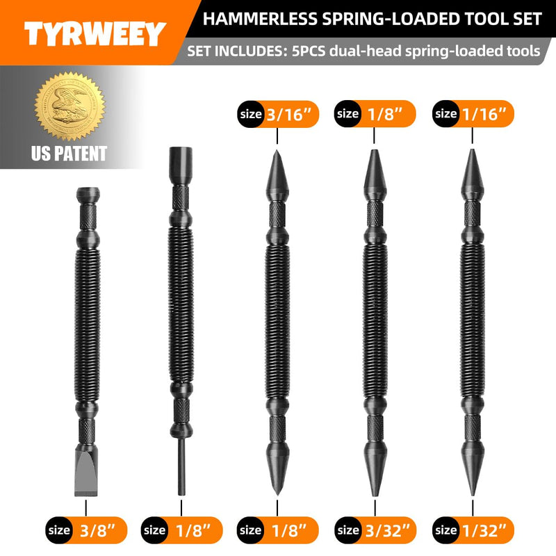 [Australia - AusPower] - 5-Piece Nail Setter Dual Head Nail Set & Dual Head Center Punch & Hinge Pin Remover Punch Set, Spring Loaded Center Hole Punch, Nail Setter Features 1/8-in, 3/32-in, 3/16-in, 1/16-in, 1/32-in 