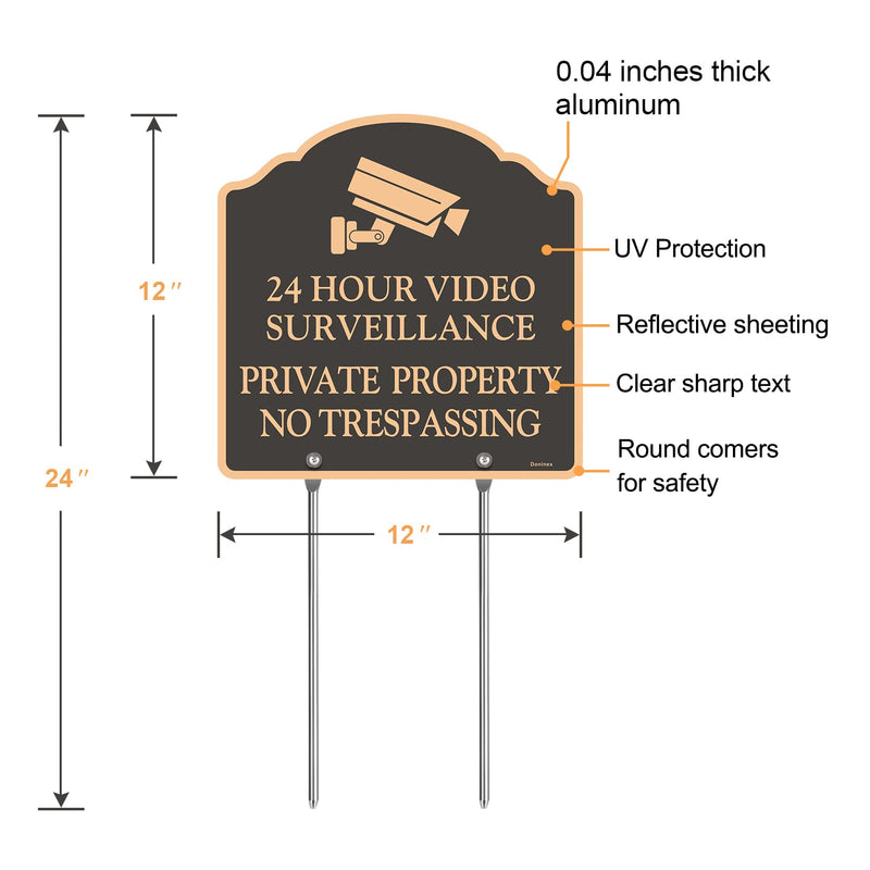 2 Pack 12X12 Inch Large Private Property No Trespassing Sign, Video Surveillance Signs, Reflective, Aluminum, Metal, Weatherproof Up to 7 Years Outdoor, Includes Stakes for Easy Mounting