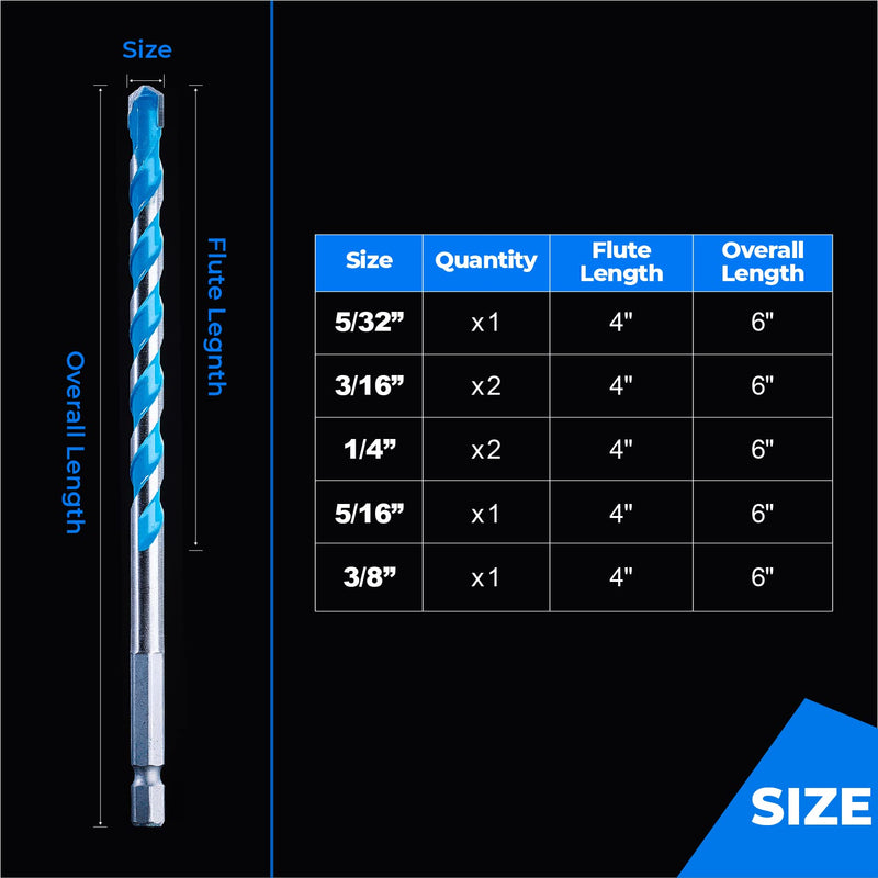 [Australia - AusPower] - toolant Concrete Drill Bit Set & Masonry Drill Bit Set, Shockproof Hex Shank Drill Bit Set (7pcs) for Glass/Brick/Plastic/Cement/Tile, Industrial Strength Carbide Drill Bit Tip, 5/32"-3/8" Box of 7 5/32"-3/8" 7pcs Set 