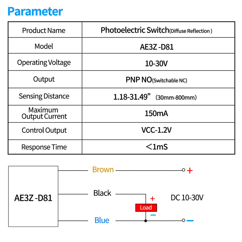 [Australia - AusPower] - Micro Photoelectric Sensor Switch PNP NO+NC,DC10-30V,Distance:80cm/31.52'', AE3Z-D81,Reflective photovoltaic Sensor,Garage Parking sensors,Infrared,Beam mini Small 
