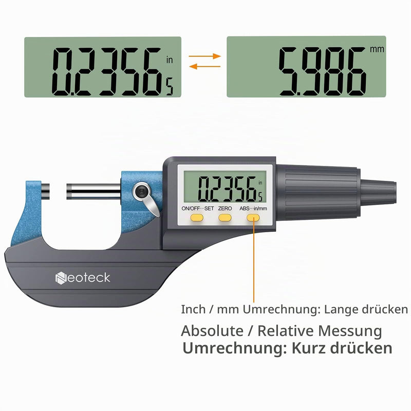Neoteck Digital Micrometer Micrometer Micrometer Outside Micrometer Electronic 0-25 mm with LCD Display Micrometer 0.001 mm / 0.00005 Inches