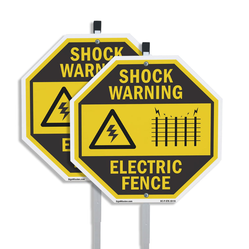 Shock Warning Electric Fence (2 Pack) 10 inch X 10 inch Octagon Aluminum Metal Signs with Aluminum Mounting Stakes Weather Resistant UV Protected for Workplace Private Property and Construction Site