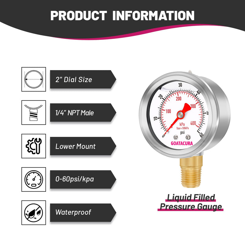 [Australia - AusPower] - 0-60psi/kpa Glycerin Filled Pressure Gauge, 2" Dial Size, 304 Stainless Steel Case, 1/4" NPT Lower Mount, with High Accuracy, for Measuring Water Air Hydraulic Pressure 0-60psi 