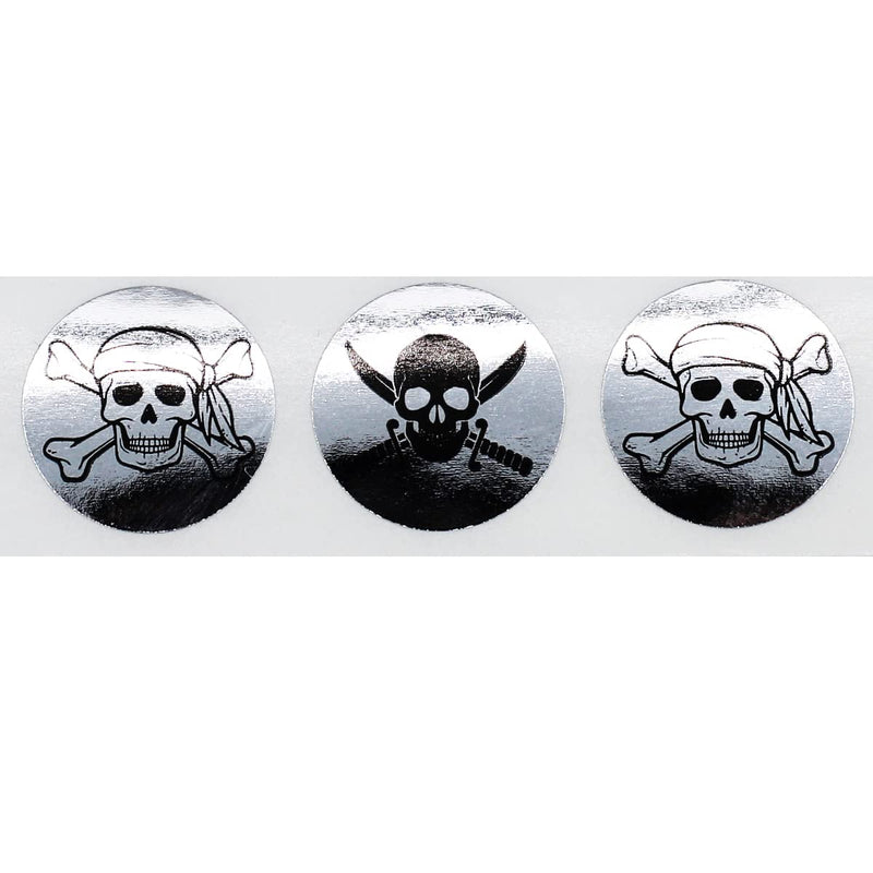 Silver Skull and Crossbones Stickers - 3/4 Inch Round, 100 Metallic Labels Per Roll for Packaging, Crafts, Halloween, and Themed Decorations - Made in the USA Metallic Silver
