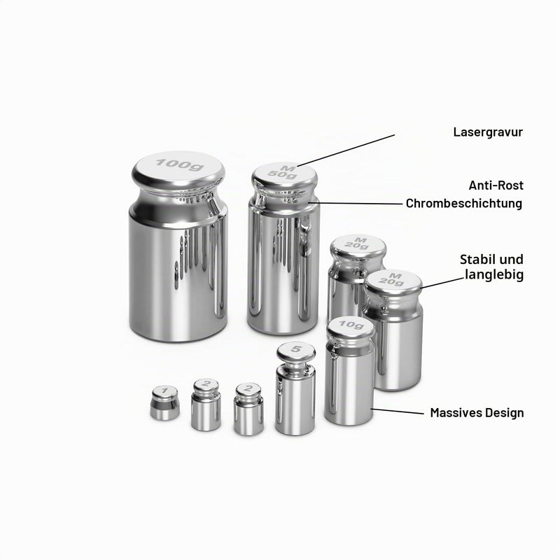 UNIWEIGH Calibration Weights 210g 9 Piece Calibration Weight Set | Weights of 1g, 2g, 5g, 10g, 20g, 50g and 100g with stainless steel tweezers for digital high-precision scales, gram, milligram scales, large