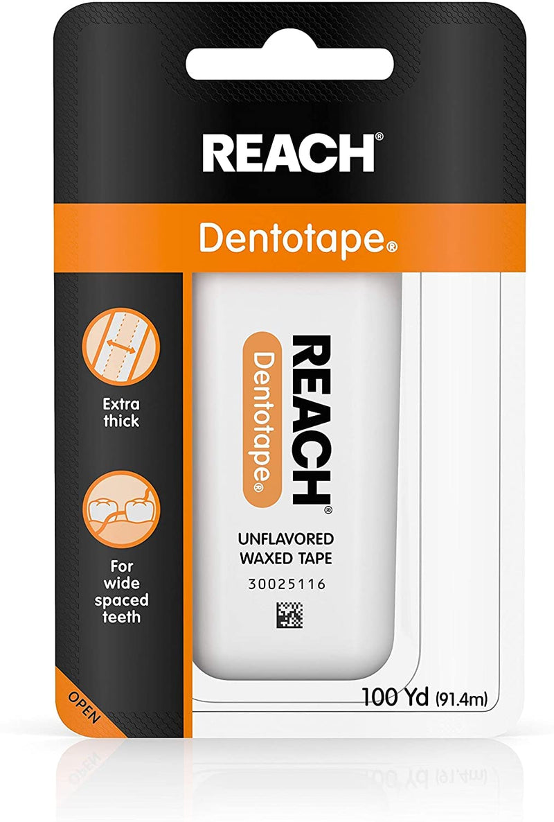 Reach Dentotape Waxed Dental Floss with Extra Wide Cleaning Surface for Large Spaces between Teeth, Unflavored, 100 Yards(6pk)