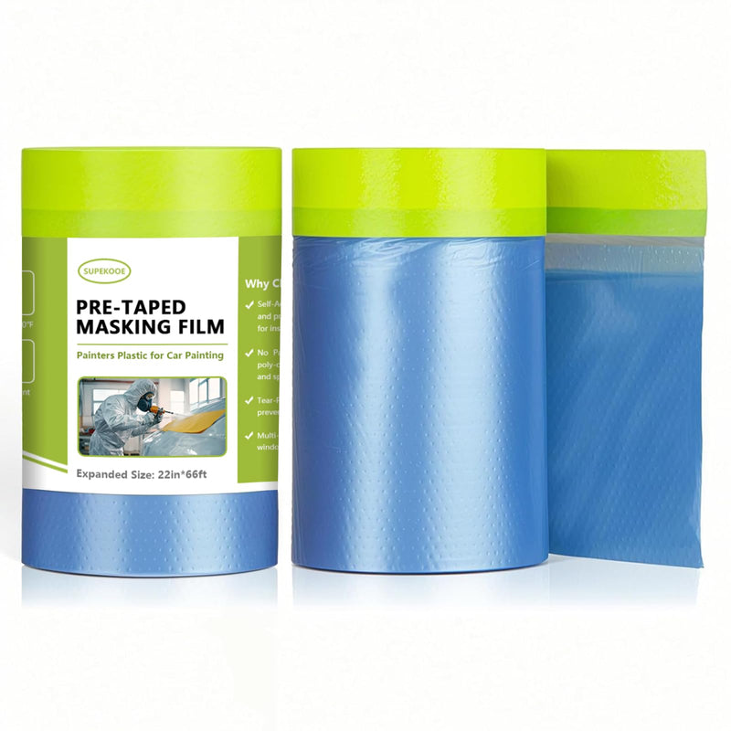 Pre-Taped Masking Film for Painting 22" x 66',Tear-Resistant Painters Plastic with Tape Painters Drop Cloth for Automotive & Home, Cover for Walls/Floors/Cars Protection (2 Rolls) 22" x 66' 2 rolls