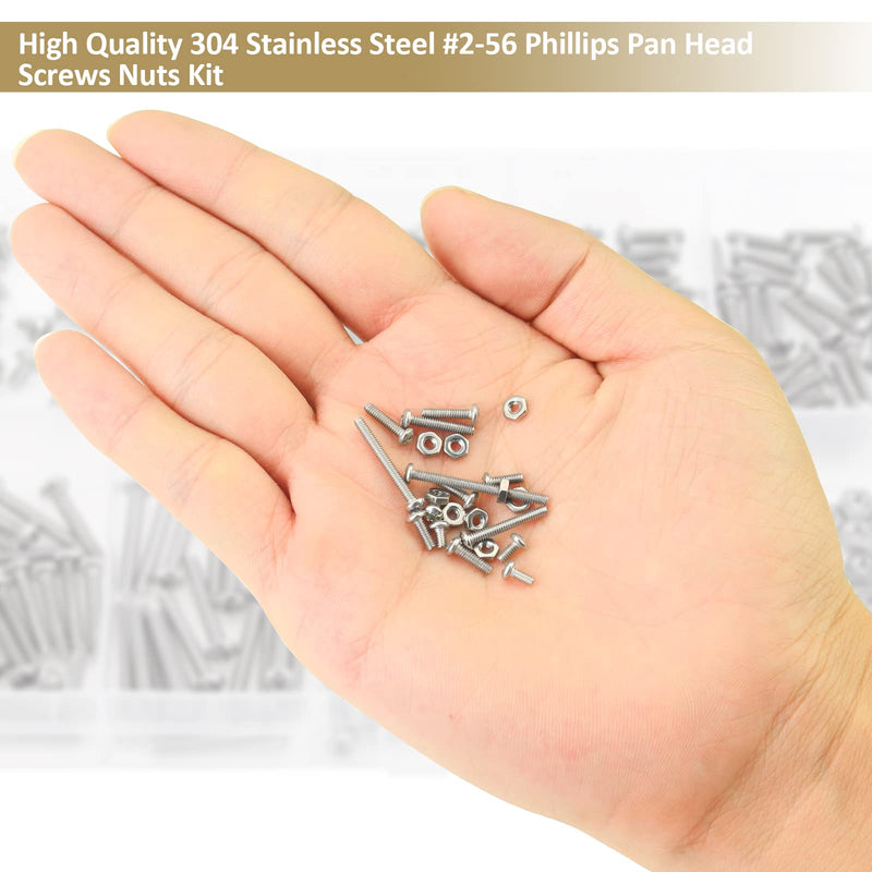 [Australia - AusPower] - 242 Pieces #2-56x 5/32", 3/16", 1/4", 5/16", 3/8", 1/2", 5/8", 3/4", 1", Phillips Pan Head Machine Screws Nuts Assortment Kit, 304 Stainless Steel, Fully Machine Thread #2-56 