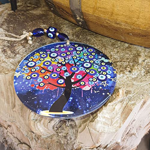 Turkish Handmade Large Glass Blue Evil Eye Wall Decor Hanging Decoration for Home - Nazar Amulet Charm Ornament - Greek Protection Bead Home Decorations - Ojo Turco para Casa - Office Charms 5.9" Lucky Tree