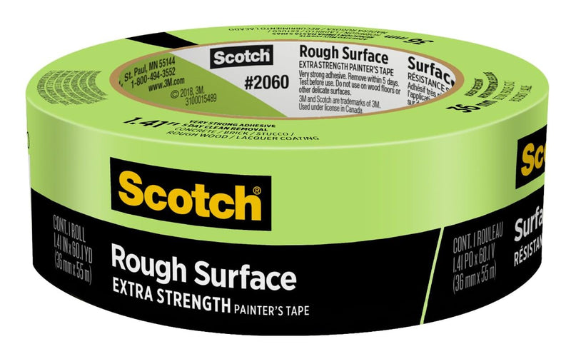 Scotch Rough Surface Extra Strength Painters Tape, 1.5 Inch Wide (1.41 in. X 60 Yds) 1 Roll, Green Tape Protects Surfaces and Removes Easily, Painting Tapes for Indoor and Outdoor Use (2060-36AP)