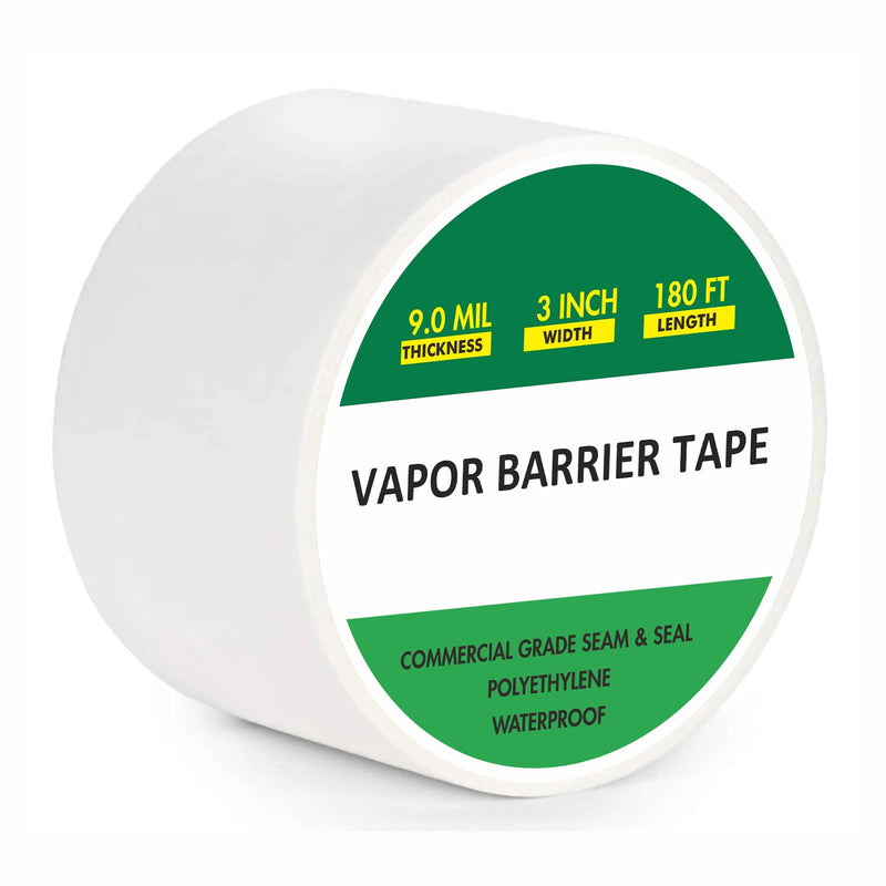 Vapor Barrier Tape 3" x 180', 9Mil White Polyethylene Tape for Crawl Spaces & Moisture Barriers, Waterproof & Seam Tape for Underlayment, Insulation, and Plastic Liners 3" x 180'
