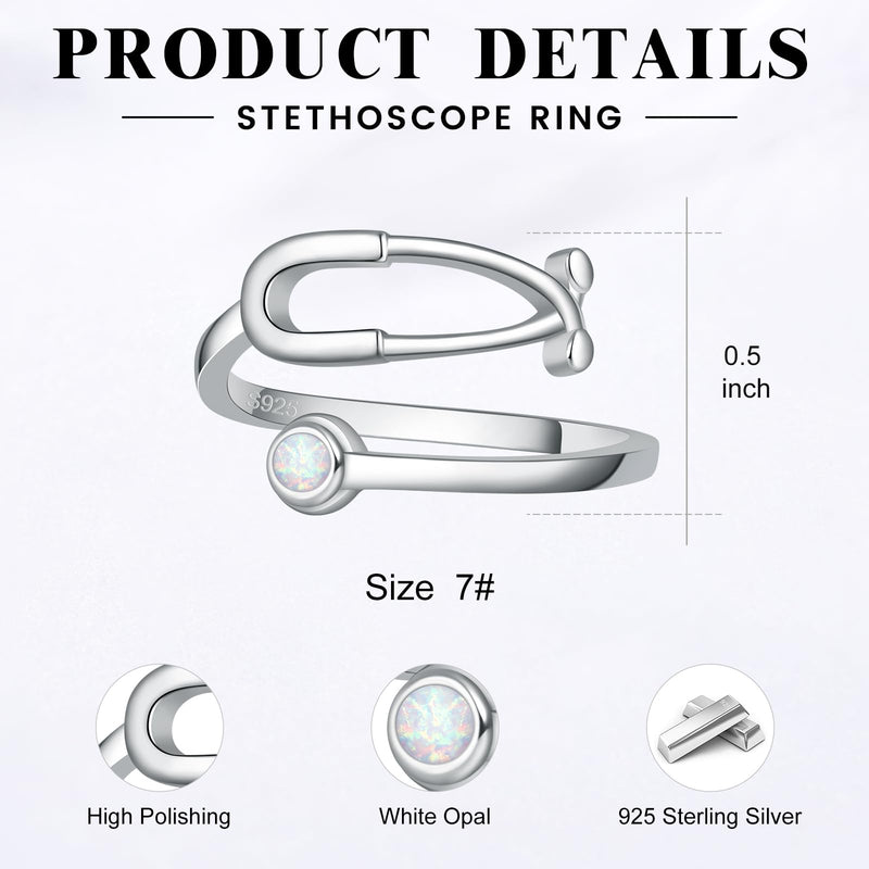 [Australia - AusPower] - Stethoscope Rings for Women Sterling Silver Adjustable Heartbeat Jewelry for Doctor Nurse Medical Student RN Nurse Gifts Opal 