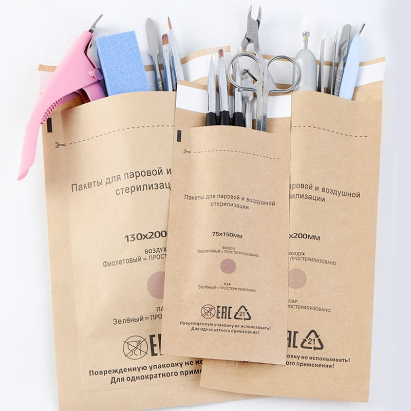 [Australia - AusPower] - 100 Self-Sealing Cleaning Pouches, Dry Heat Autoclave Kraft Paper Cleaning Bags for Dentist Tools and Nail Art Supplies (100mm x 200mm) 100mm x 200mm 