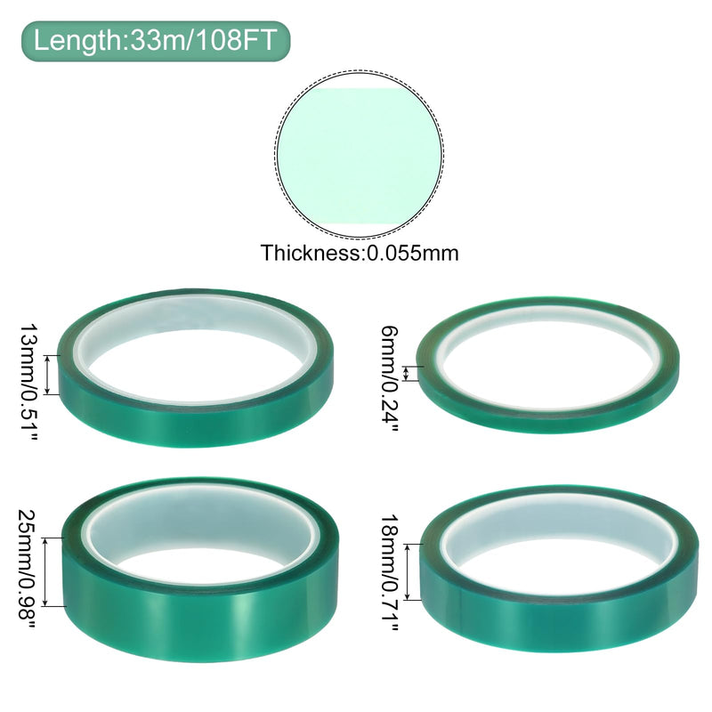 MECCANIXITY Resin Tape Set Silicone Adhesive Tape High Temperature Resistance for Epoxy Resin,River Tables,Craft,Remove Residue 0.98/0.71/0.51/0.24 Inch Wide 108x13FT Long(Green),1 Set