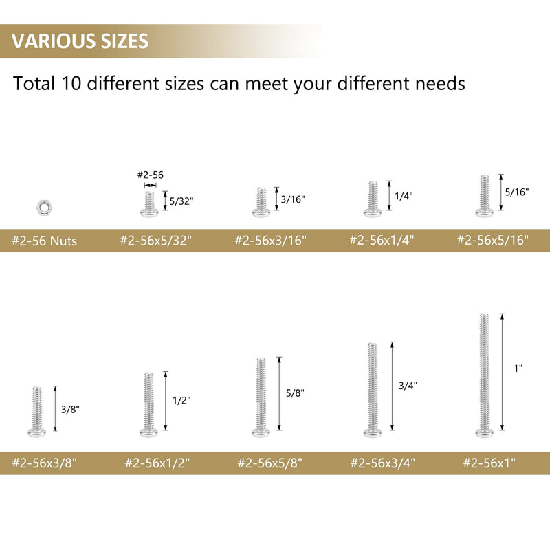 [Australia - AusPower] - 242 Pieces #2-56x 5/32", 3/16", 1/4", 5/16", 3/8", 1/2", 5/8", 3/4", 1", Phillips Pan Head Machine Screws Nuts Assortment Kit, 304 Stainless Steel, Fully Machine Thread #2-56 