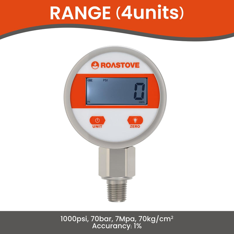 [Australia - AusPower] - Roastove 2-1/2" dial Digital Industrial Pressure Gauge with 1/4" NPT Lower Mount, Stainless Steel case and Connection, 0-1000psi/bar, 1% accurancy,Battery Powered, with LED Light 2-1/2",0-1000PSI 