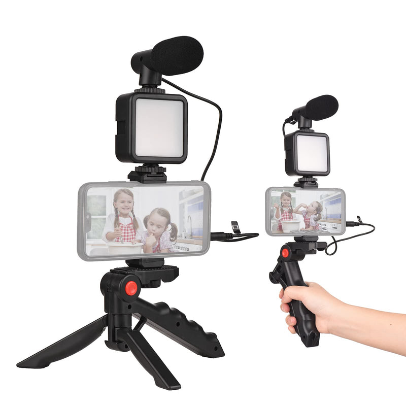 [Australia - AusPower] - Mini Smartphone Vlog Kit with LED Video Light, Cardioid Microphone, Extendable Phone Clip, Adjustable Brightness Tripod for Live Streaming, Vlogging, Video Conferencing & Selfies 