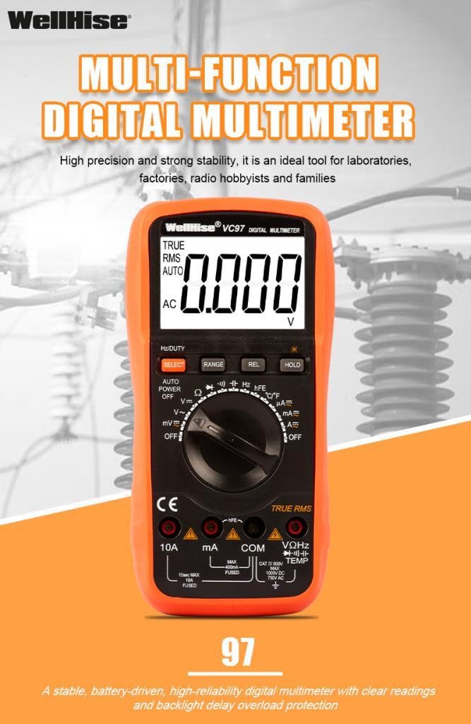 [Australia - AusPower] - VC97 Digital Multimeter, True RMS Auto-Ranging 6000 Counts, AC/DC Voltage Current Tester, Ohm Capacitance Frequency Diode Continuity, Large LCD Backlight Display 
