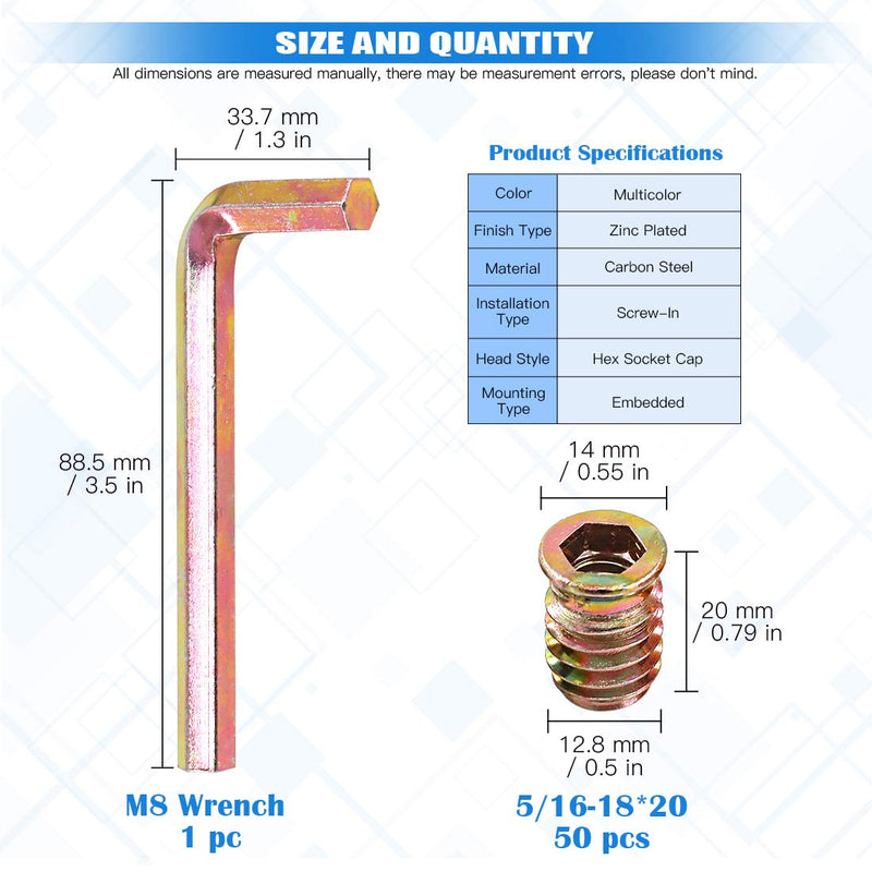Glarks 50Pcs 5/16"-18 x20mm Threaded Inserts Nuts Zinc Plated Carbon Steel Hex Socket Drive Furniture Flanged Screw-in Nut with M8 Hex Wrench for Wood Furniture (5/16''-18 x 20mm) 5/16''-18 x 20mm