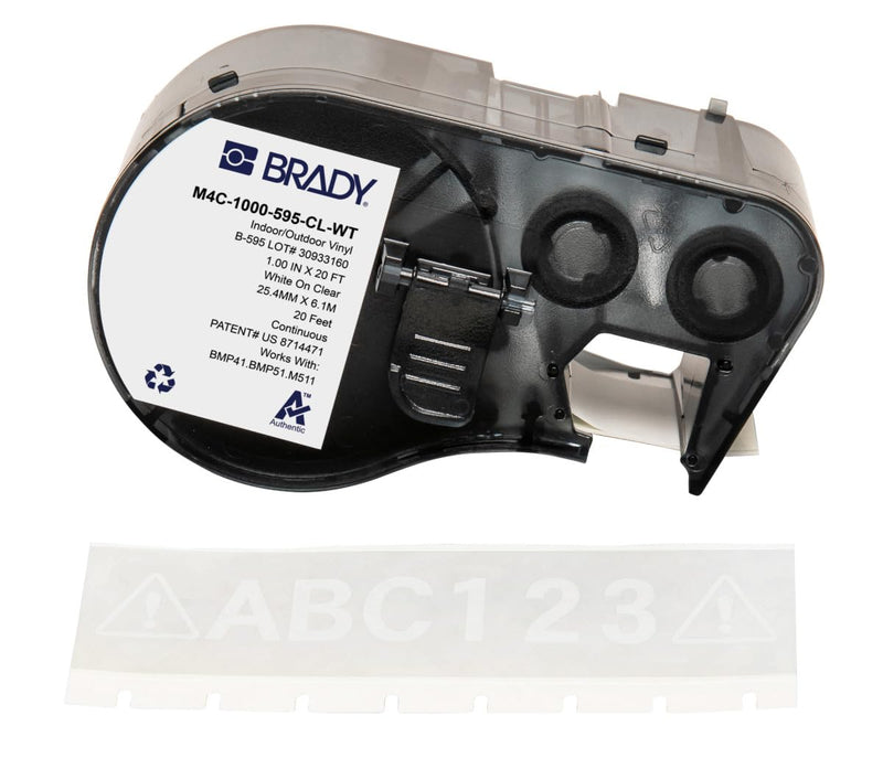 Brady Authentic (M4C-750-595-RD-WT) All-Weather Permanent Adhesive Vinyl Labels 0.75 in W x 25ft White on Red. for use with BMP41, BMP51, M410, M510, and M511 Label Printers.