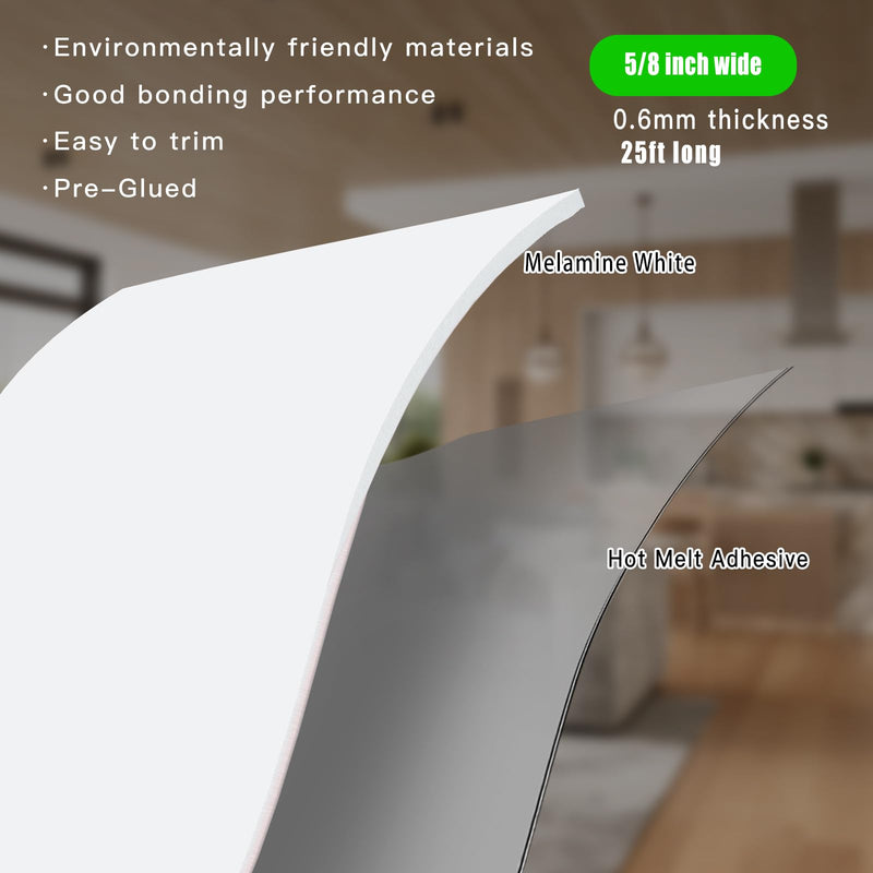 Yanye White Edge Banding, 5/8 inch x 25ft roll of Wood Veneer Melamine Edge Banding Preglued, Tape for Cabinet Repair Furniture 5/8"x 25ft
