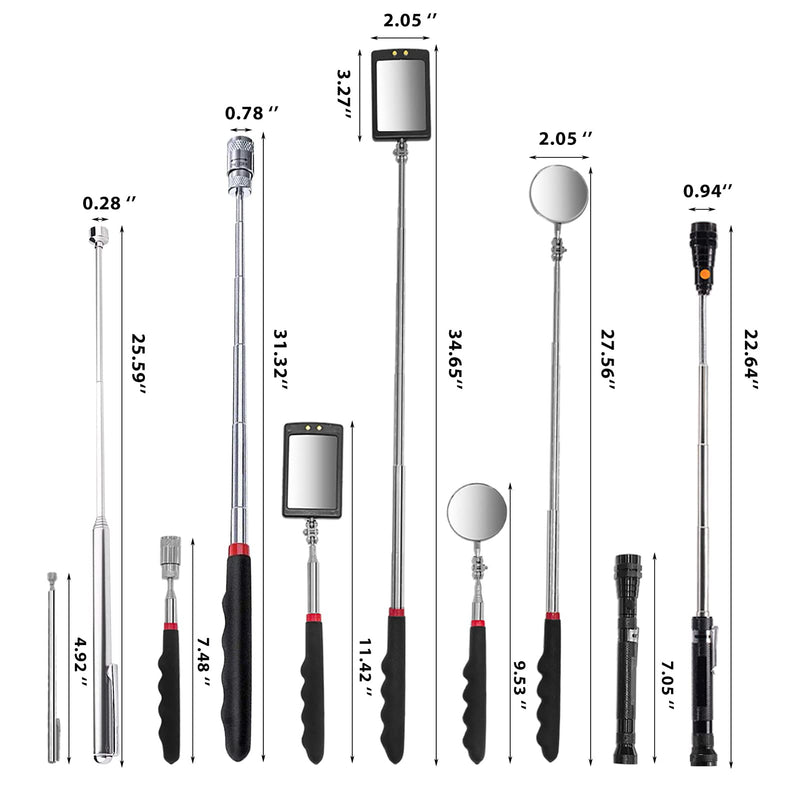 [Australia - AusPower] - Telescoping Magnetic Pick Up Tool Magnetic Sweepers with 1 lb and 15 lb Pickup Rod, Round and Square 360 Swivel Adjustable Inspection Mirror and Flexible LED Flashlight, Fathers Day Gifts for Dad, Men Black Magnetic Tool Set 