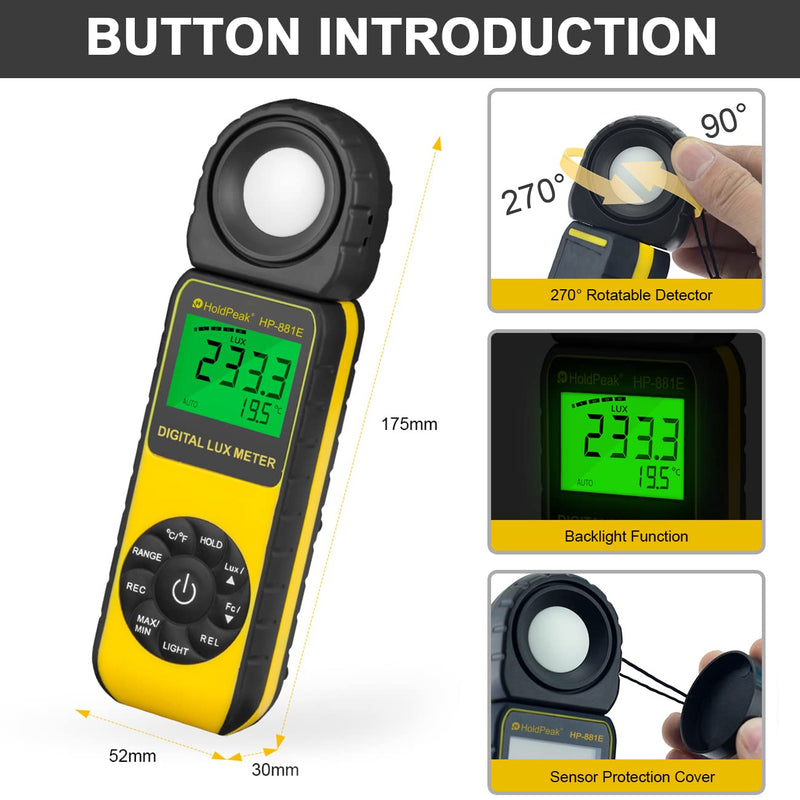 [Australia - AusPower] - Digital Light Meter (2PCS) - HOLDPEAK 881E Digital Illuminanc/Light Meter with 0.01~300,000 Lux (0.01~30,000 FC) Measuring Ranges and 270° Rotatable Detector for LED Lights and Plants Lumen Meter 2PCS(HP-881E Digital Lux Meter) 