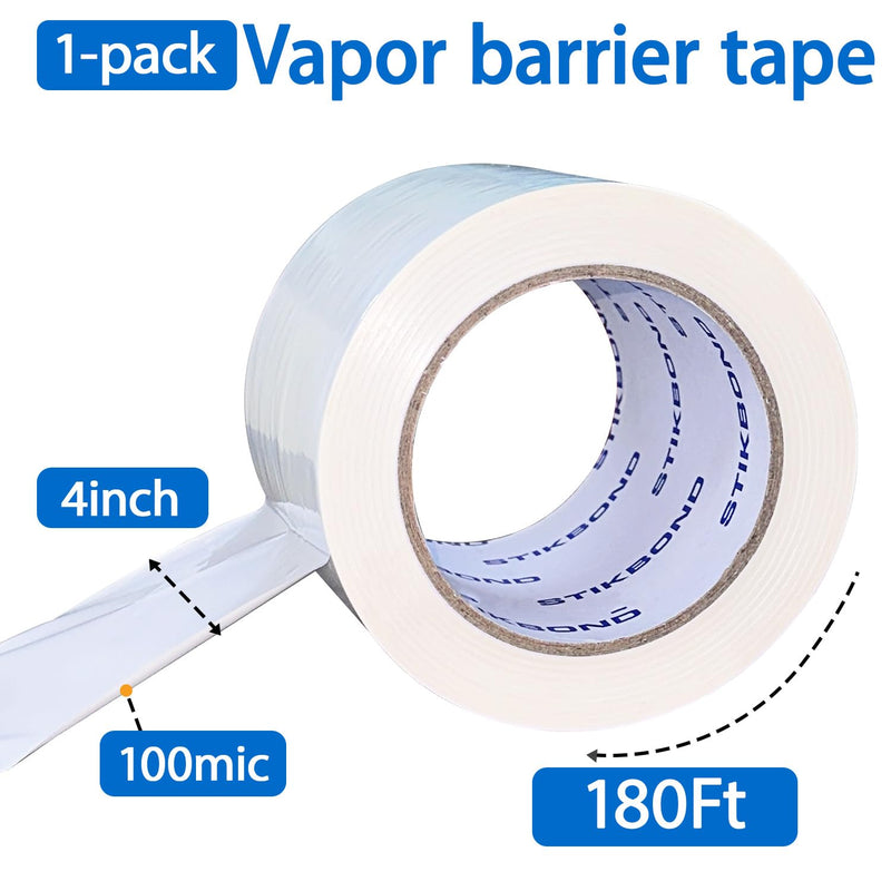 Vapor Barrier Tape 4 Inch x 180' x 4mil 1-Pack Moisture Barriers Seal Seam Tape, White Polyethylene Tape for Crawl Space,Waterproof, Underlayment,Metal and Plastic Sheeting 4inch x 180ft