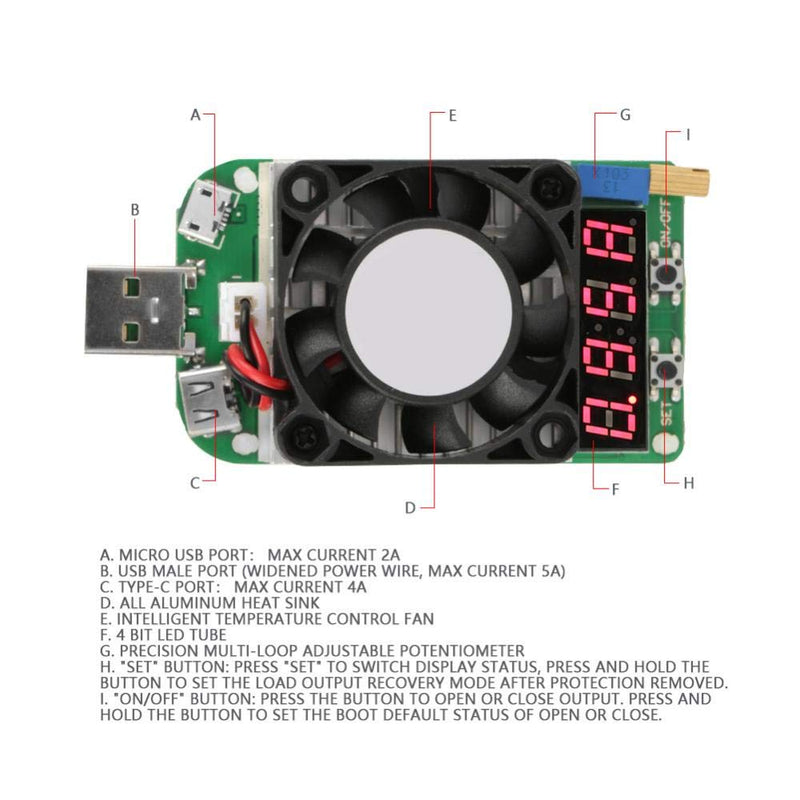 [Australia - AusPower] - Akozon USB Load Tester Module USB Energy Meter Tester Electronic Load LD25 USB Electronic Load Digital Display Battery Test Adjustable Resistance Voltage Current Meter 
