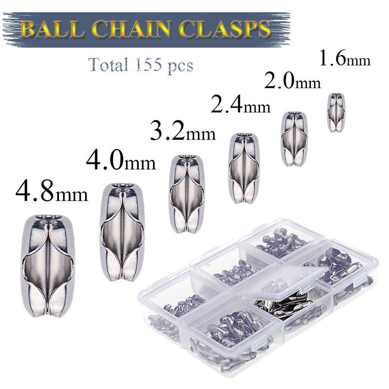 [Australia - AusPower] - KINGOU 155pcs Stainless Steel Ball Chain Connector Clasps Fits for 1.6/2.0/2.4/3.2/4.0/4.8mm Beaded Ball Chain 