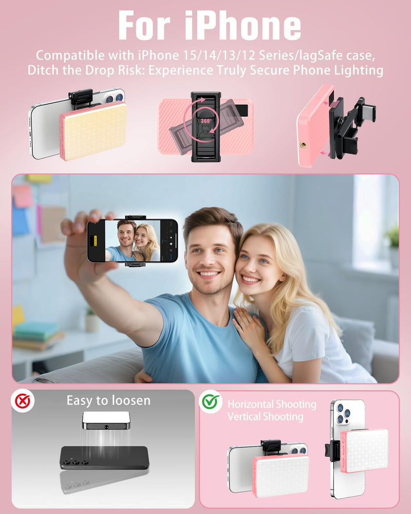 168 LED Selfie Light for iPhone, Phone Light, 3000mah Rechargeable Picture Light Clip Portable Lights for Phone, Camera, Laptop, iPad, 3 Lights Modes for Makeup, Video Conference, TikTok, Vlog (Pink) Pink