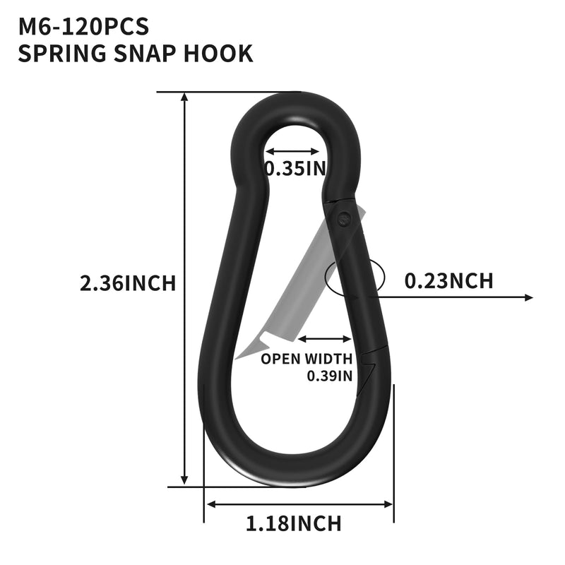 [Australia - AusPower] - Carabiner Clips M6 Spring Snap Hooks 120PCS Black Small Carabiners Galvanized Steel Quick Links Caribiniers for Outdoor Hiking Camping hammocks dog leashes backpack snaps M6-120PCS 120 