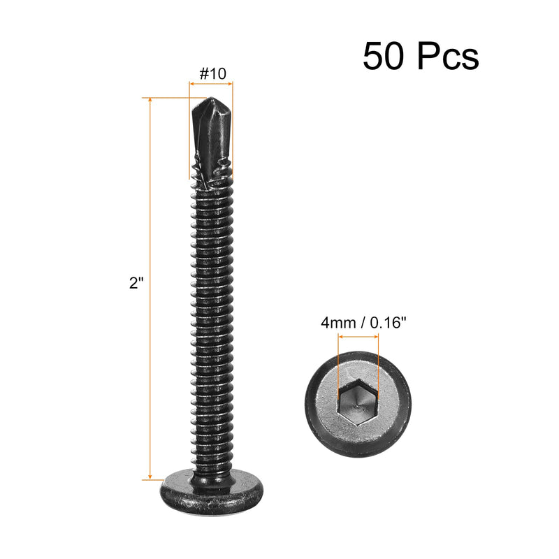 [Australia - AusPower] - uxcell Hex Socket Self Tapping Screws, 10 x 2" 410 Stainless Steel Sheet Metal Flat Head Drilling Screw 50pcs, Black #10 x 2" 