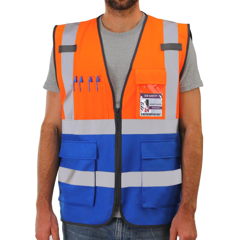 Dib Safety Reflective Safety Vest for Men Women, High Visibility Vest with Pockets and Zipper, ANSI Class 2 X-Large Orange & Blue