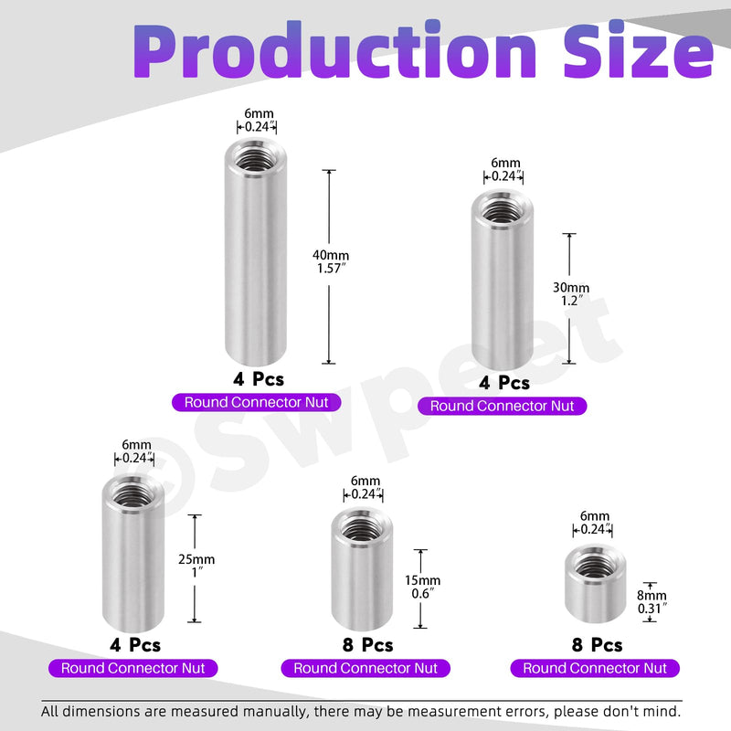 [Australia - AusPower] - Swpeet 28Pcs 5 Sizes Metric M6 X 1.0-Pitch X 8mm/15mm/25mm/30mm/40mm Length 304 Stainless Steel Round Connector Nuts Coupling Nuts Assortment Kit, Female Thread for Camera Pan, Lamp Bracket 