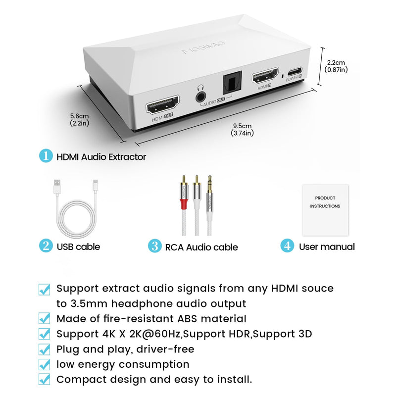 MOSWAG HDMI Audio Extractor, 4K60 HDMI to Optical 3.5mm AUX Audio Adapter Splitter Converter, White, Compatible with PS5, Switch, Blu-ray Player, Set-top Box, Windows, Mac, Smart TV,Projector 4K 60Hz