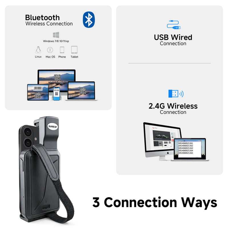 Sumicor Back Clip Bluetooth Barcode Scanner, 3 in 1 Bluetooth5.2 & 2.4G Wireless & USB Wired Portable Mini Barcode Reader Compatible with 4.7"-6.6" iPhone, Android Smartphone