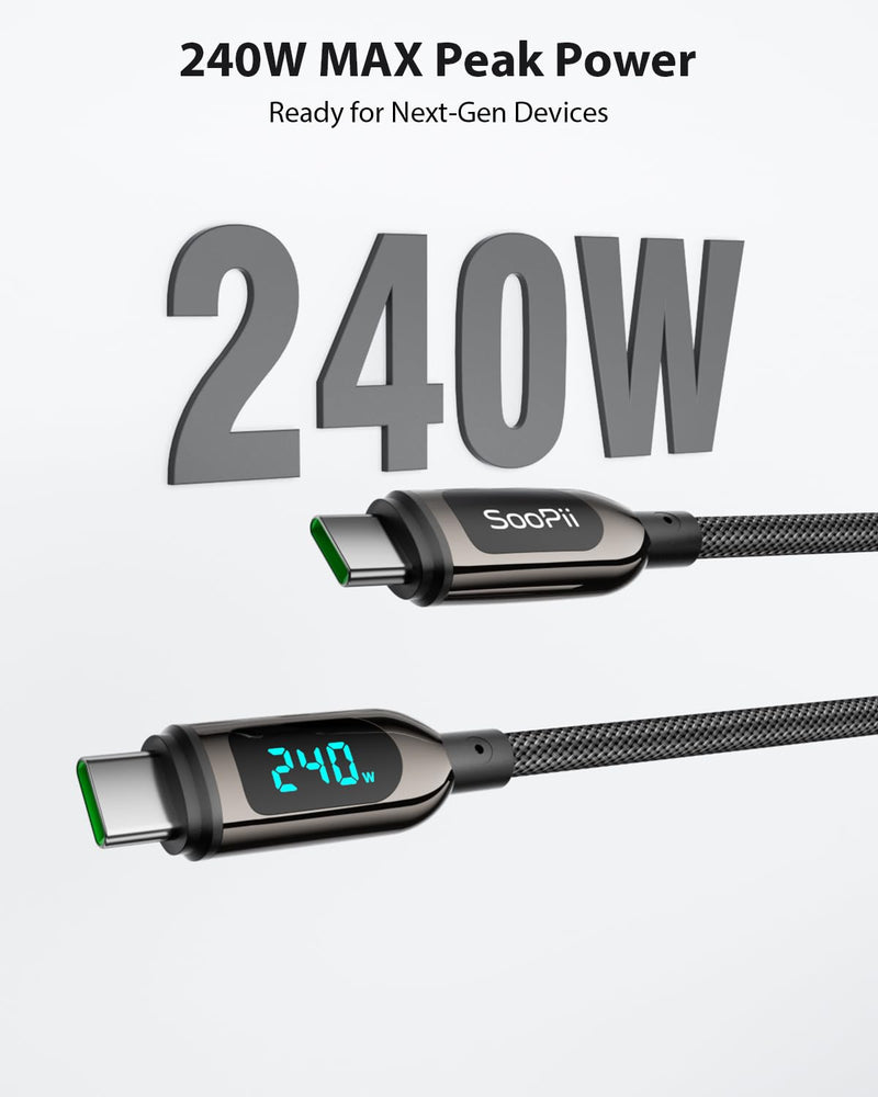SOOPII 240W USB C to USB C Cable, [10ft,2Pack] Nylon Braided Fast Charging Cable with LED Display for lPhone 17/17 Pro/16 Plus/15 Pro Max,lPad Air,MacBook Pro,Galaxy S25/S24, Pixel, LG (Black) Black 3M 2Pack - 240W