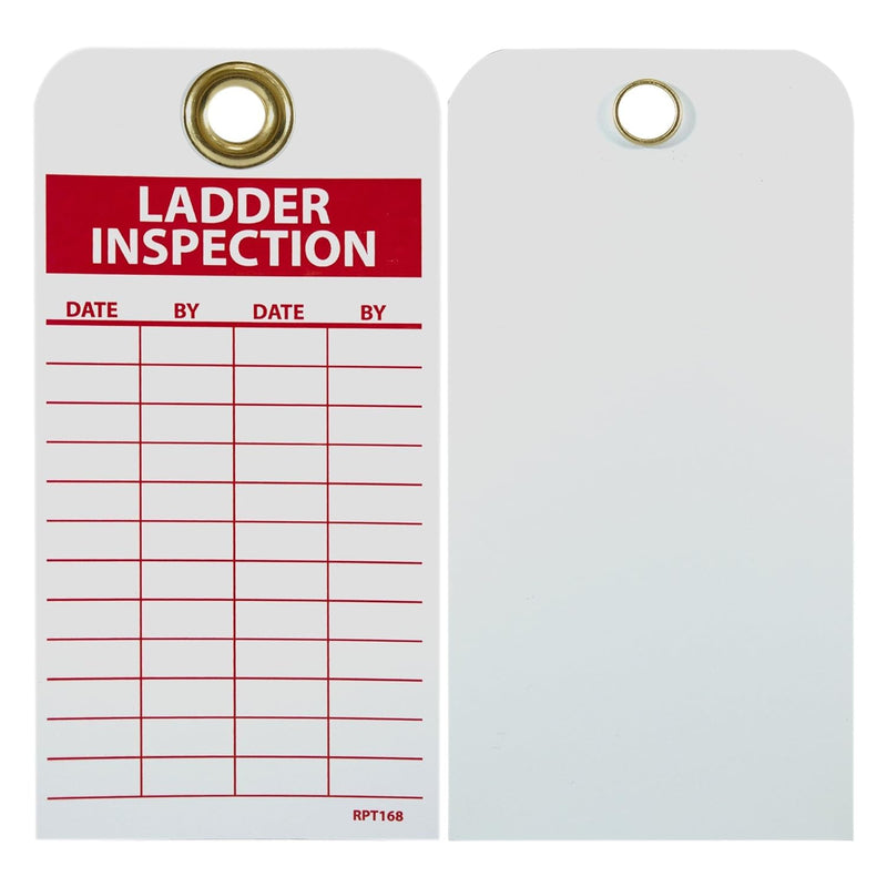 NMC Ladder Inspection Tag, Double-Sided, 25-Pack, 3" Width x 6" Height, Unrippable Vinyl, White/Red Text on Red/White Base, Made in The USA, RPT168G