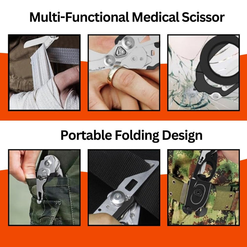 [Australia - AusPower] - 6 in 1 Multifunctional Trauma Shears Foldable with Strap Cutter | Heavy Duty Stainless Steel Emergency Response Shears | Survival Shears With Holster | Medical Trauma shears Tactical | Black 