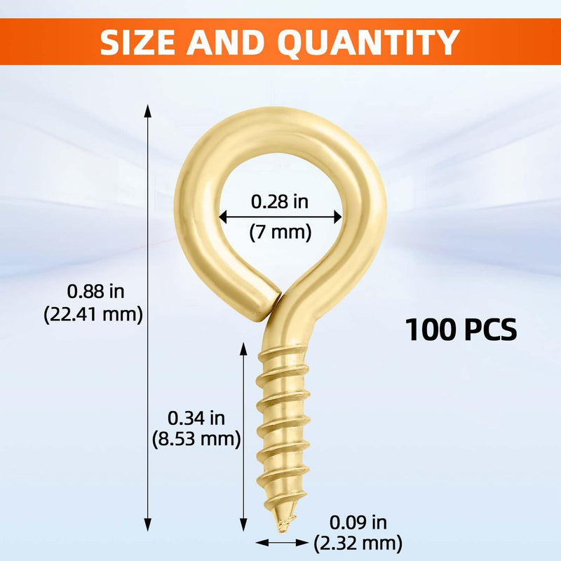[Australia - AusPower] - #3 x 7/8" (0.87 Inch) Screw Eyes, Screw in Eye Hooks for Securing Cables Wires, Self Tapping Screws Eye Bolts for Indoor & Outdoor Use, Gold, 100 PCS #3 x 7/8" 