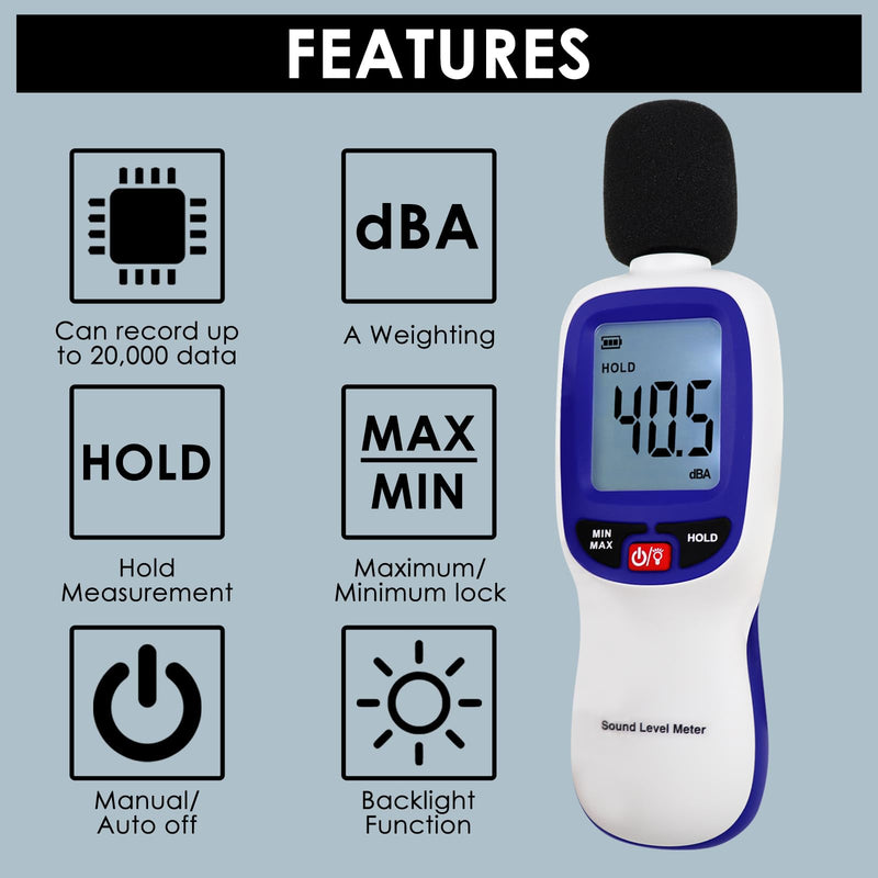 [Australia - AusPower] - Wireless Sound Level Meter with Bluetooth: Portable Decibel Meter, App Data Logging, and High Accuracy SPL Meter 0~130dB for Professional Noise Inspections and Home Use 